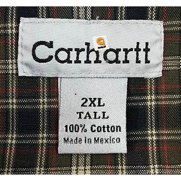 Vintage Carhartt Button Down Shirt Men's 2XL Tall Green Beige Plaid Workwear S94 - Picture 4 of 7